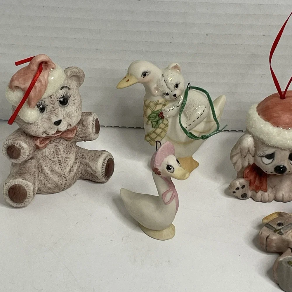 Porcelain Christmas Ornament Santa  Moon Animals Set 9 Vintage Hand Painted 2.5